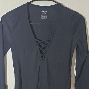 Savage X Fenty Black Lace-Up V-Neck Bodysuit